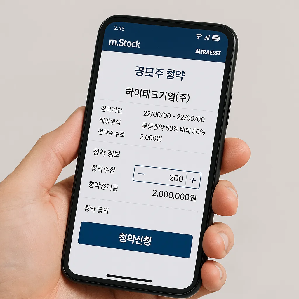 미래에셋 m.Stock 앱에서 공모주 청약 화면을 확인하는 스마트폰