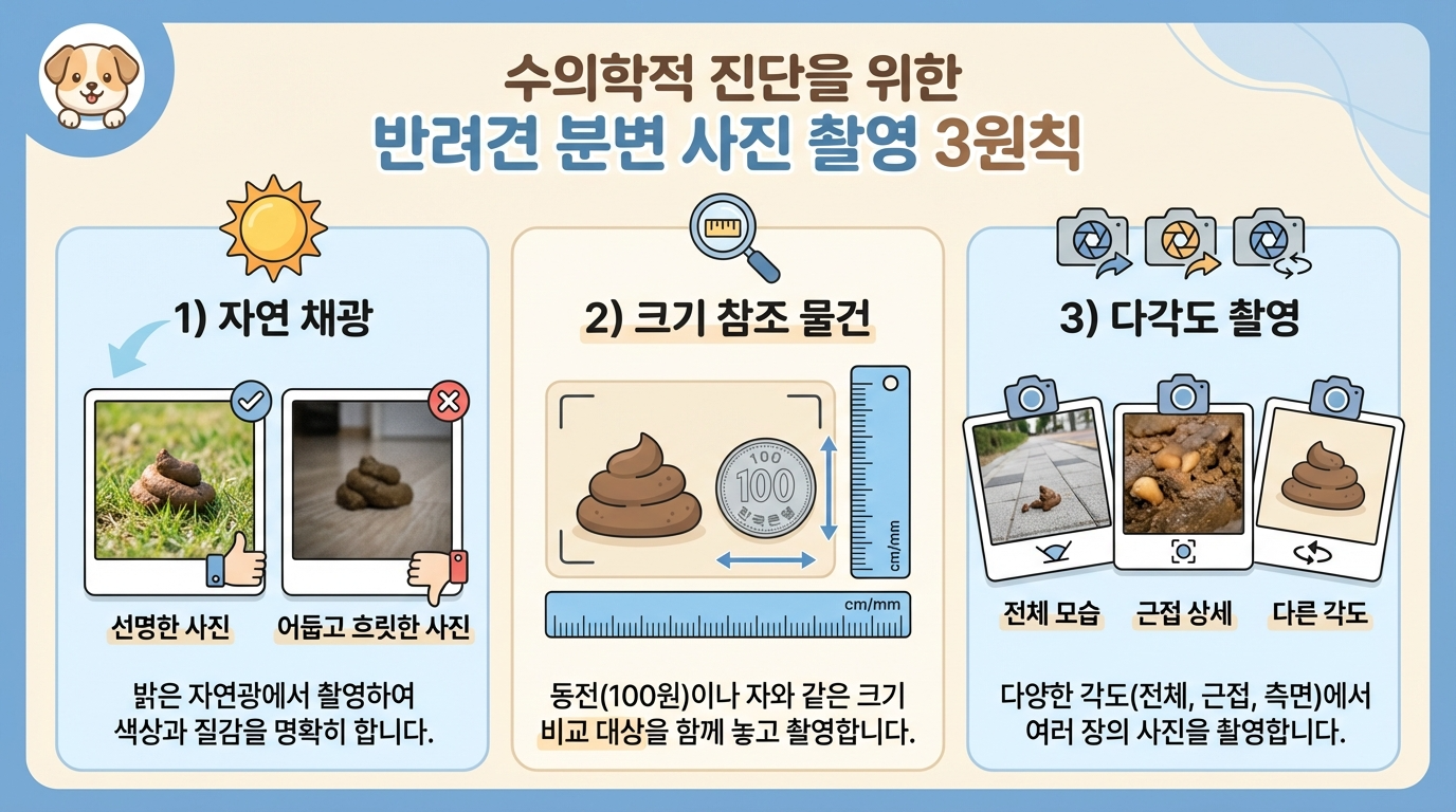 강아지 대변 사진 촬영법(자연광, 비교물 포함, 전체+근접 2~3장)