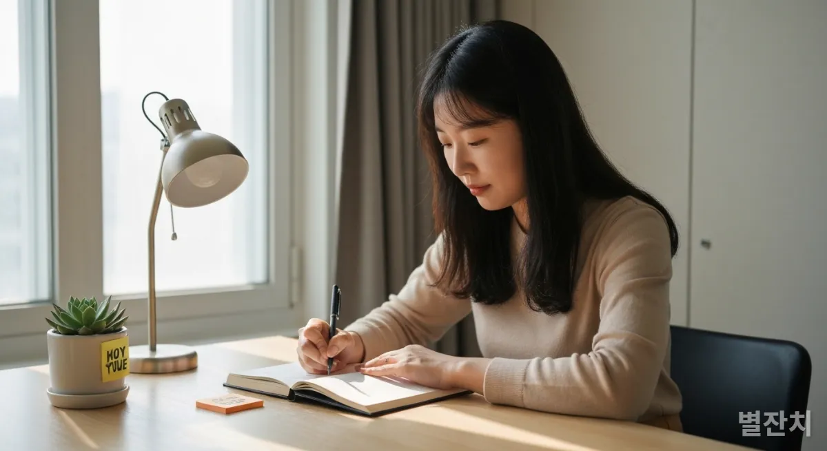 집에서 2026년 데일리 플래너에 일정을 기록하는 한국인 여성