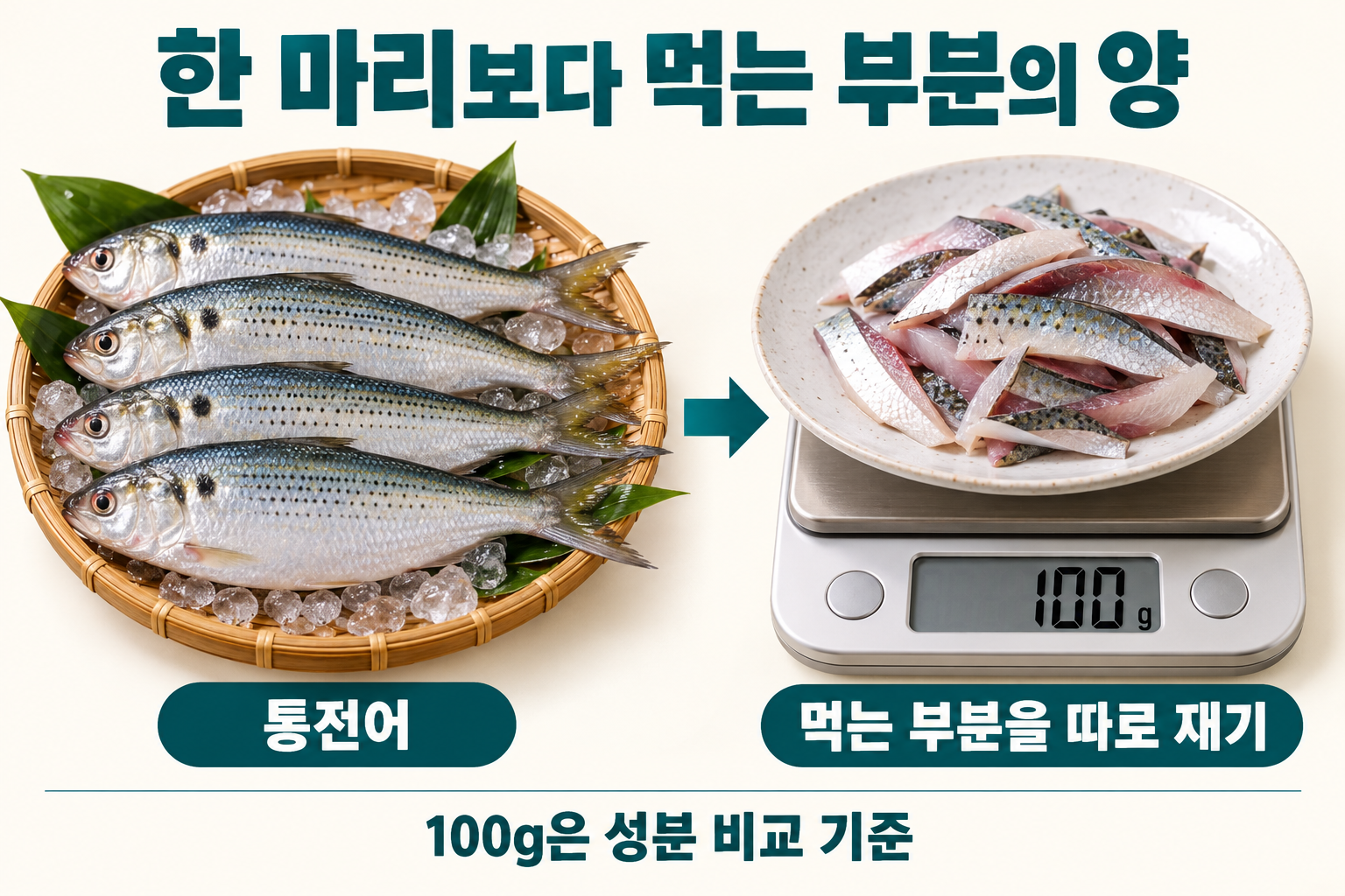 통전어와 실제 먹는 부분을 덜어 주방저울로 재는 모습을 비교. 100g은 성분 비교 기준이며 마릿수로 고정하지 않습니다.