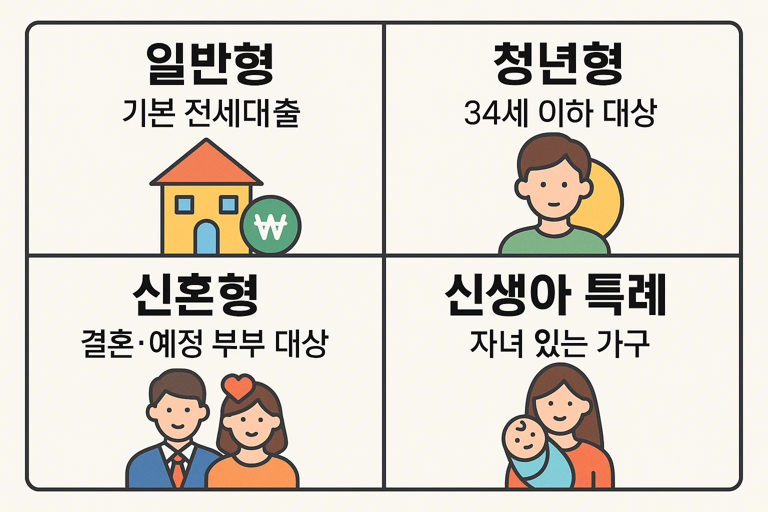 버팀목 전세자금대출의 주요 상품유형을 시각적으로 설명한 인포그래픽으로, 일반형(기본 전세대출), 청년형(34세 이하 대상), 신혼형(결혼&middot;예정 부부 대상), 신생아 특례(자녀 있는 가구)를 구분해 보여줍니다.