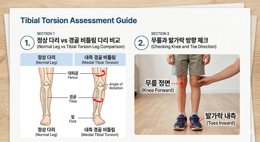 정상 다리와 내측 경골 비틀림 다리의 뼈 구조 비교 해부도. 대퇴골, 경골, 발의 위치와 회전 각도 차이 시각화