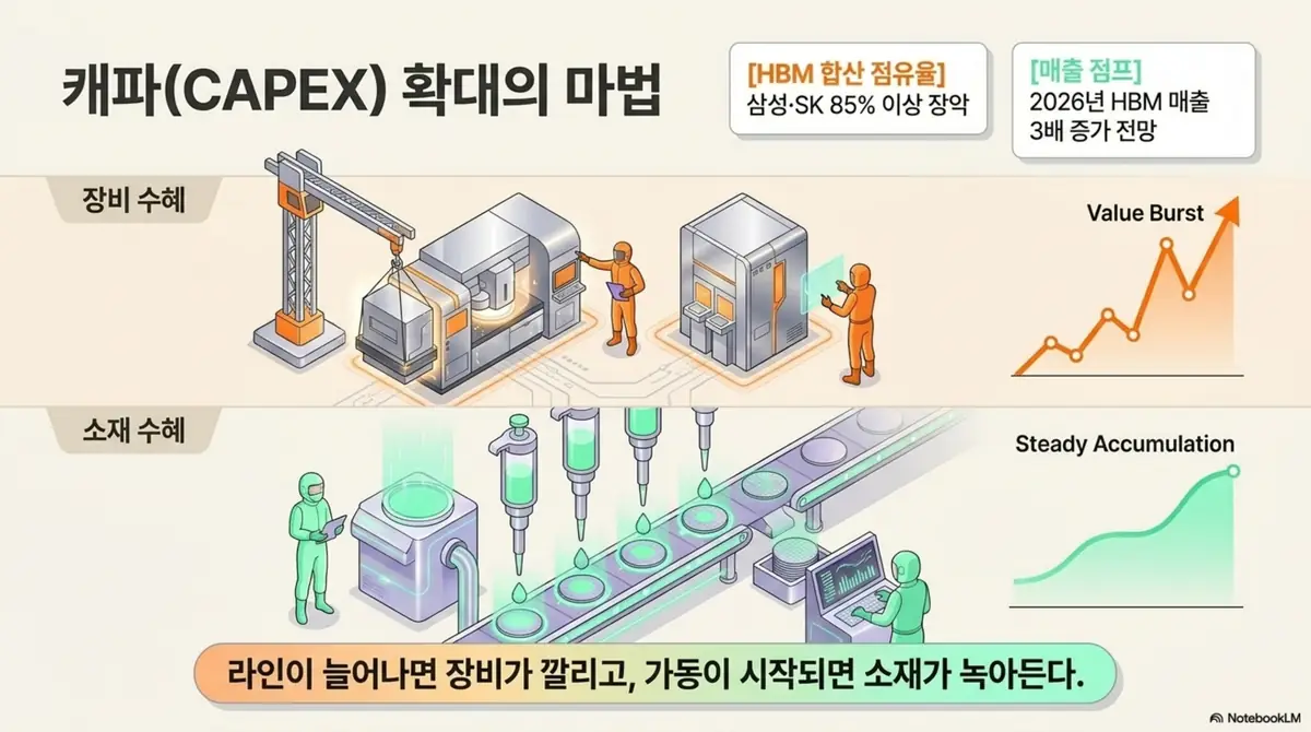 반도체 소부장 대장주: &amp;#39;캐파 확대의 마법&amp;#39;을 주제로&amp;#44; HBM 라인 증설이 장비 수혜와 소재 수혜로 이어지는 구조를 보여주는 인포그래픽. 삼성&middot;SK의 HBM 85% 이상 점유율과 2026년 HBM 매출 3배 증가 전망을 담아&amp;#44; 반도체 소부장 관련주의 실적이 캐파 확대에 연동되는 원리를 설명함.