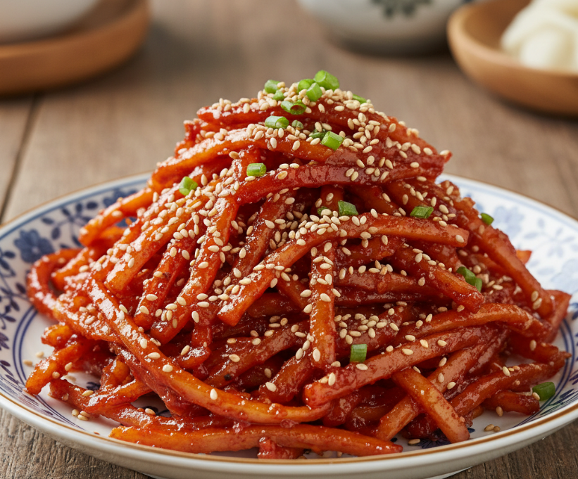 윤기가 좌르르 흐르고 통깨가 뿌려진 매콤 달콤한 진미채 무침이 예쁜 접시에 소복하게 담겨있다