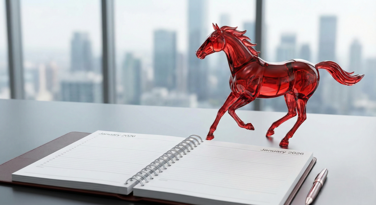 도시 전망이 보이는 사무실 책상 위, 2026년 1월로 펼쳐진 다이어리 위에 놓인 투명한 붉은색 크리스탈 말 조각상