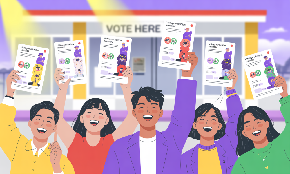 2025년 제21대 대통령선거 투표인증종이를 들고 기쁘게 포즈를 취하는 MZ세대 유권자들의 모습. 밝은 보라색과 노란색이 강조된 현대적인 일러스트로 투표 참여의 활기찬 분위기를 표현.
