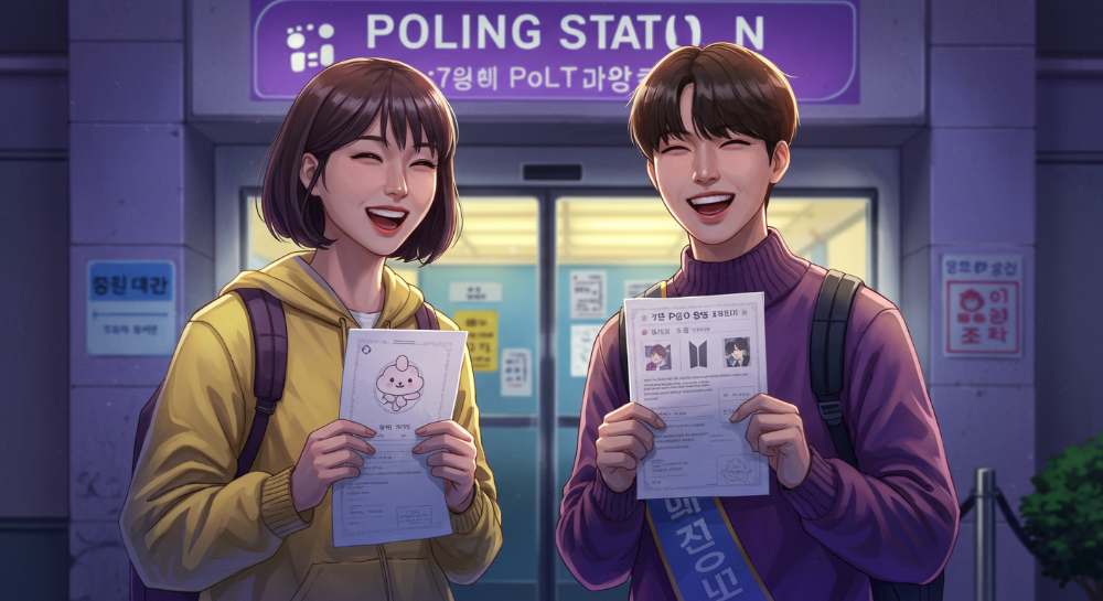 MZ세대 남녀가 개성 있는 투표 인증 용지를 들고 투표소 앞에서 밝게 웃는 모습