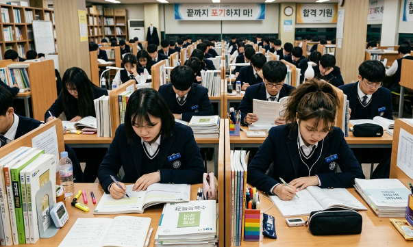도서실에서 공부하고 있는 학생