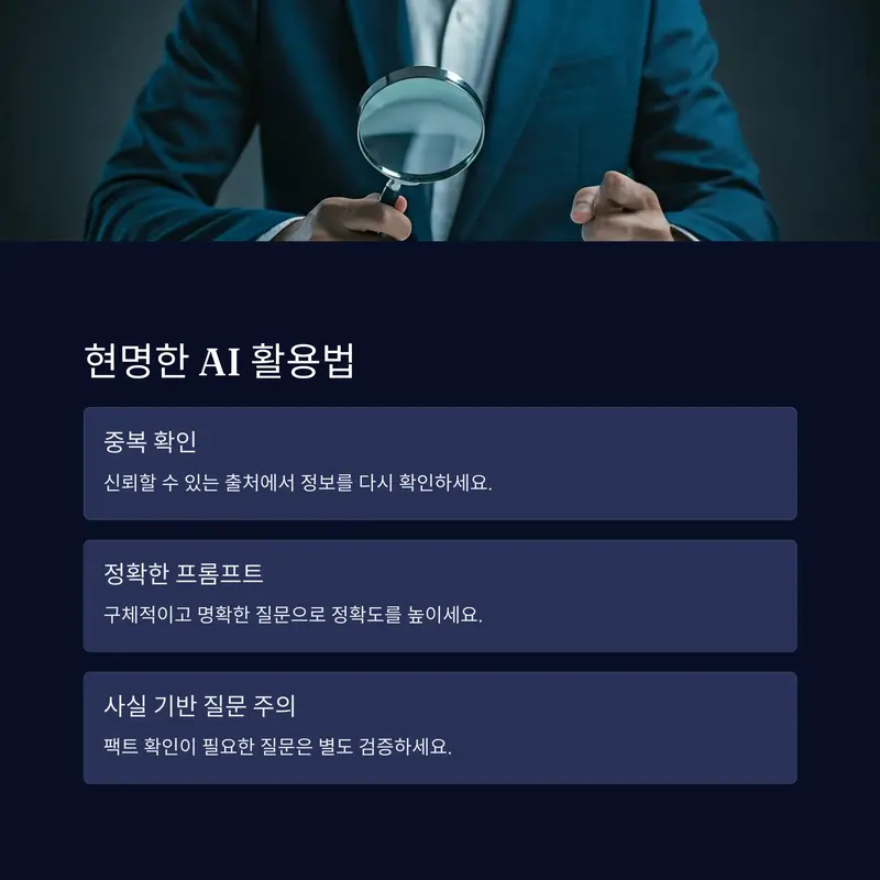 AI 정보 검증 방법 시각화: 돋보기를 들고 정보를 검토하는 남성, AI 정보 검증과 정확한 프롬프트의 중요성 강조