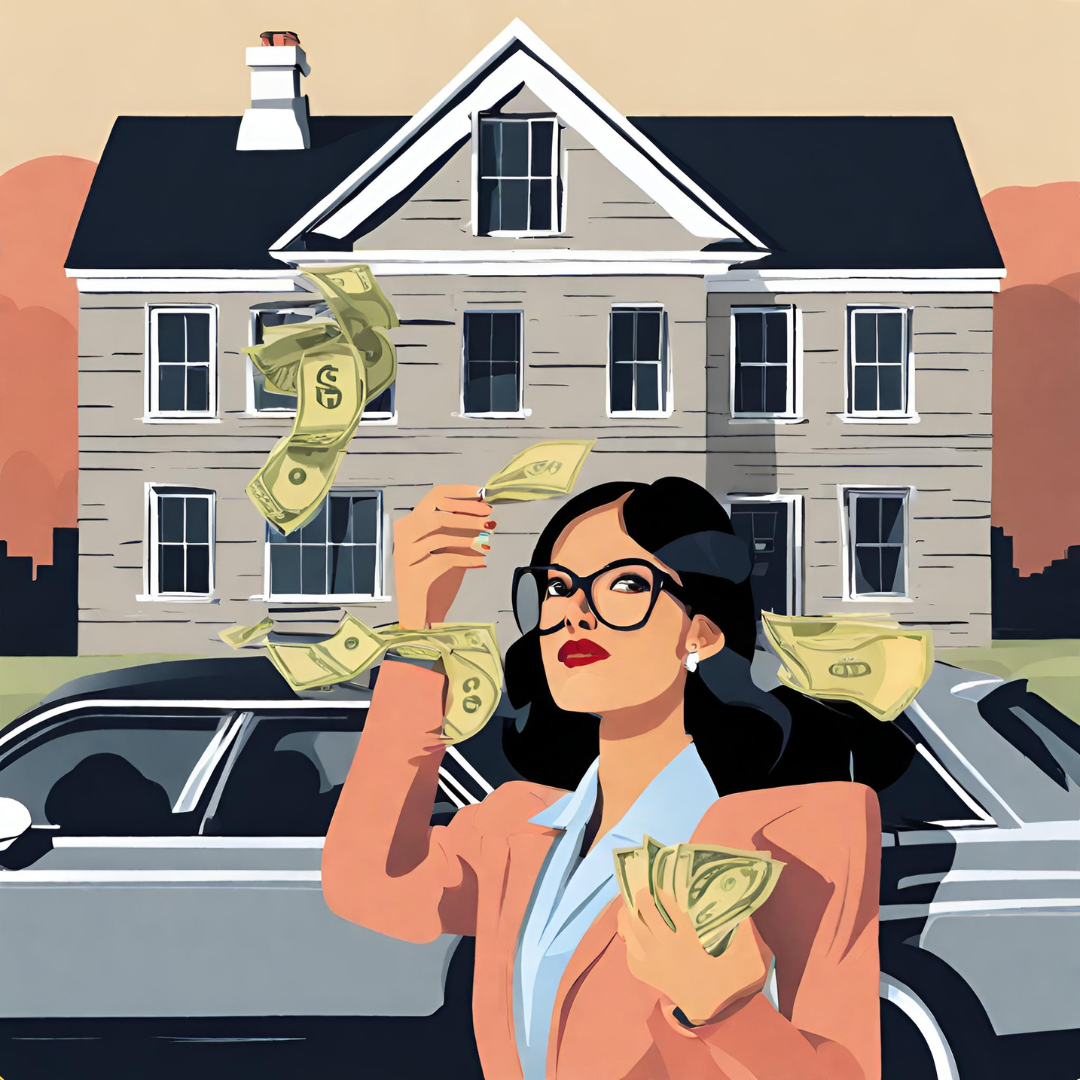 돈 들고 집, 차 앞에 서 있는 여자