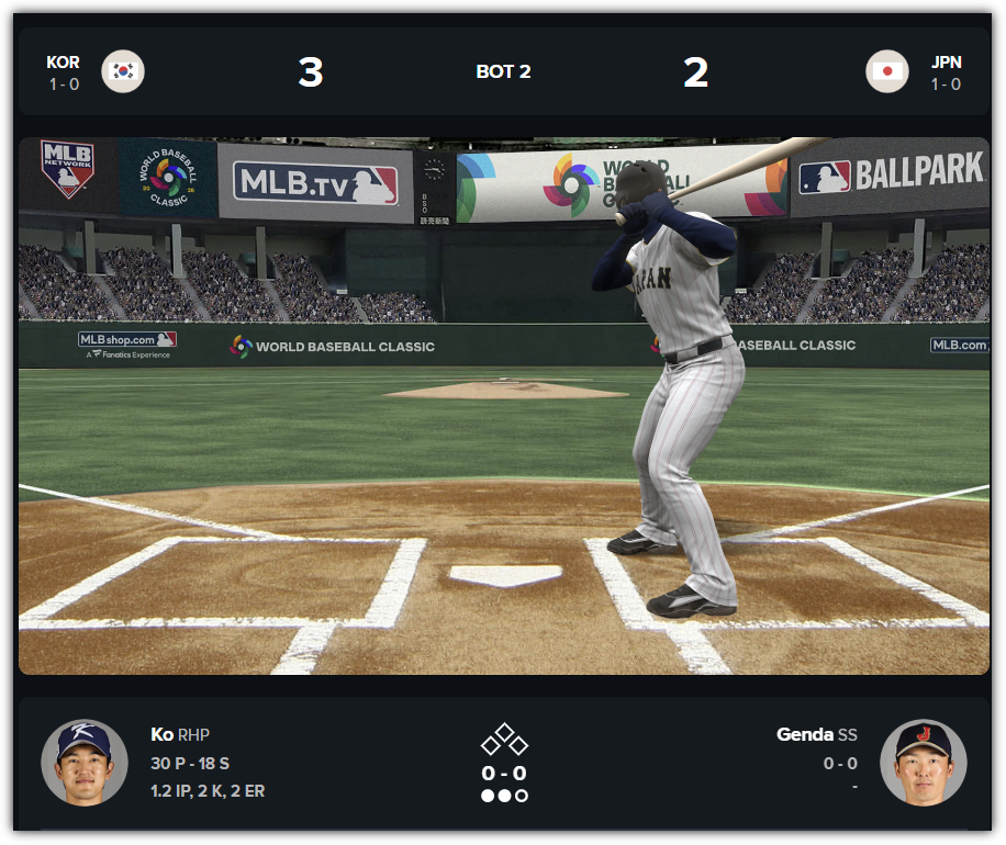 WBC 한일전 경기 현재 스코어 7시 50분 기준