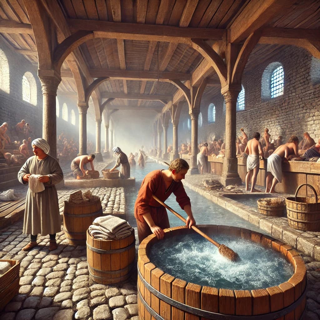 중세 유럽 공중목욕탕에서 욕조 청소부(Bathhouse Attendant)가 욕조를 청소하는 모습