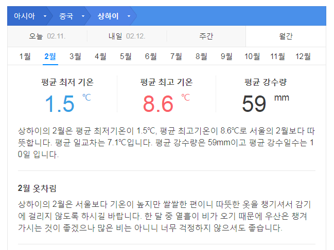 중국 상해 2월 날씨 옷차림 추천 여행지