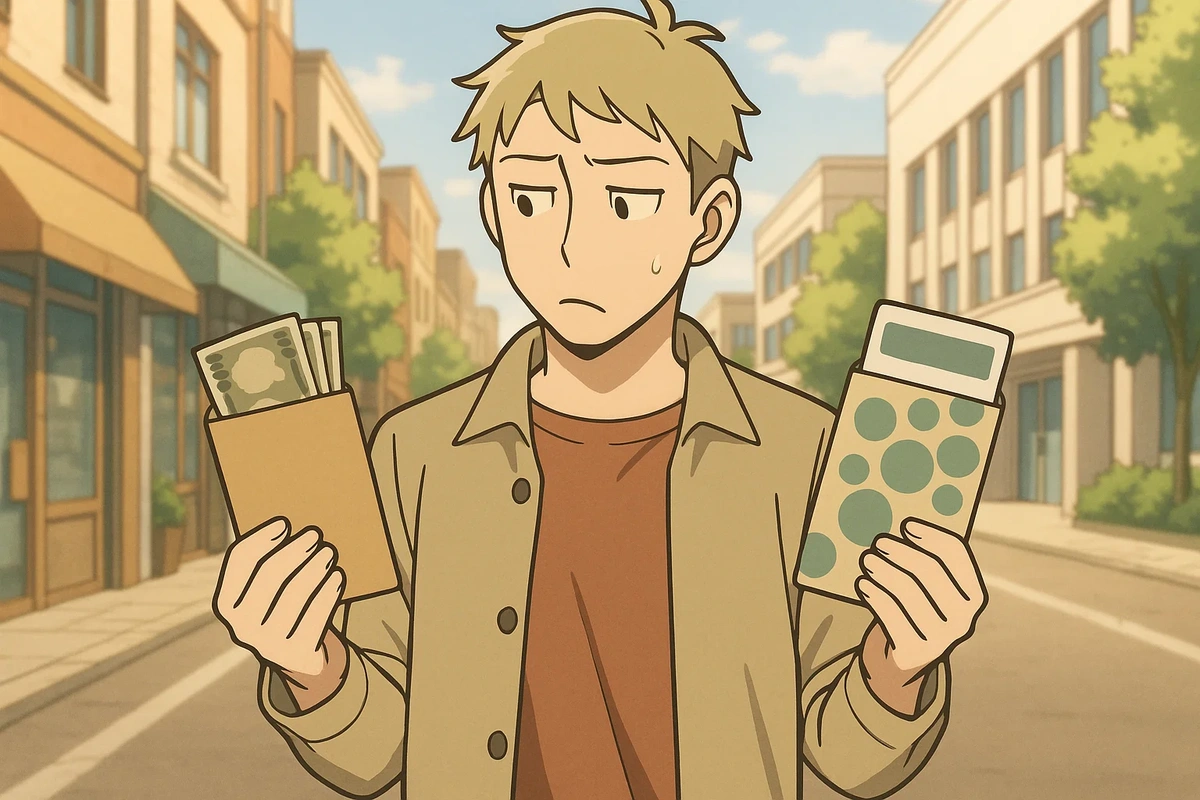 2025년 민생지원금 현금과 지역화폐를 손에 들고 선택을 고민하는 사람의 모습을 형상화한 대표 이미지