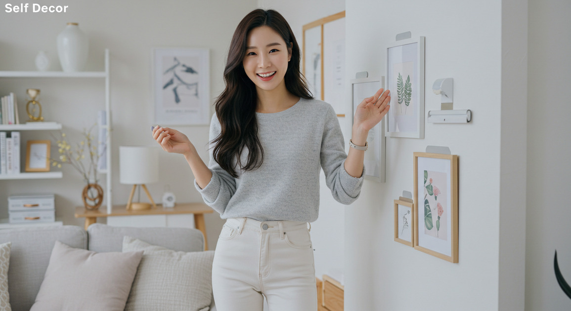셀프 벽 꾸미기 중인 여성 이미지