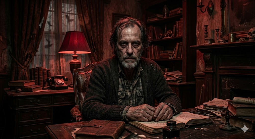 The mysterious and creepy caretaker of Gwangrim Mansion, sitting in a dark, red-lit office, staring intensely at the camera with an unreadable expression.