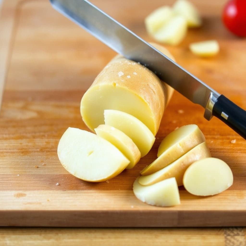 도마 위에서 칼로 감자를 반으로 자르거나, 깍둑썰기하는 모습입니다. 감자의 크기가 너무 크거나 작지 않게, 그리고 균일하게 잘려 있는 상태를 강조합니다.