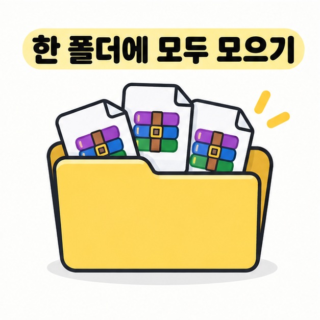한 폴더에 모두 모으라는 문구와 파일이 모인 폴더 일러스트