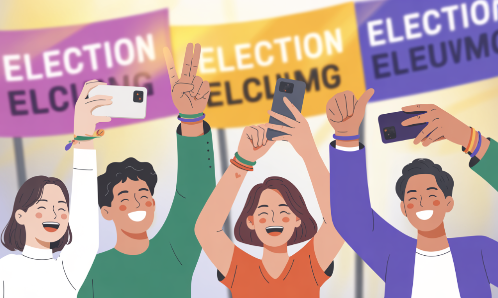 투표소 밖에서 손가락으로 브이(V)나 엄지척을 하며 즐겁게 투표인증샷을 찍는 다양한 사람들의 모습. 주변에는 선거 관련 표지판과 퍼플-옐로우 테마의 활기찬 분위기가 감돈다.