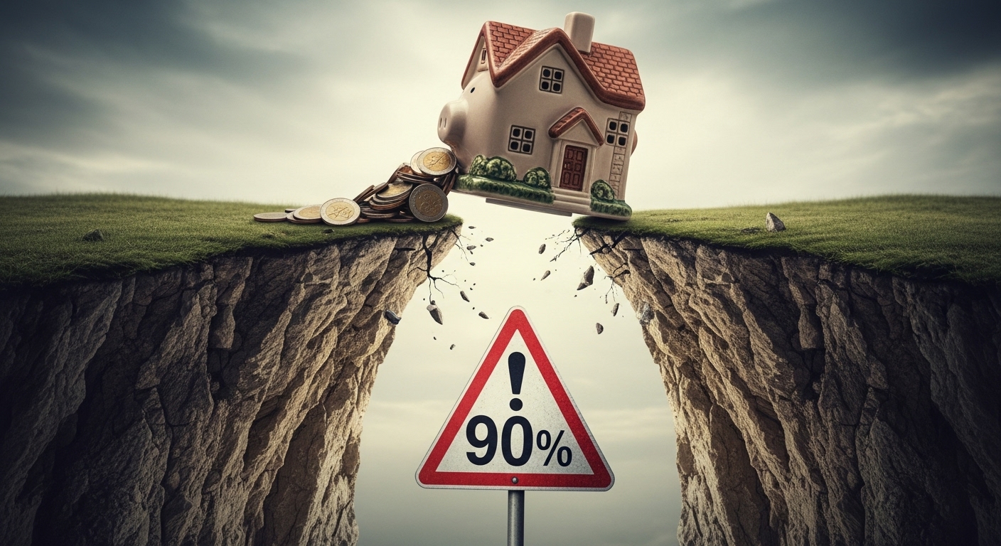 절벽 끝에 아슬아슬하게 서 있는 집 모양 돼지 저금통. '90%'라고 쓰인 경고 표지판이 깡통전세의 위험을 경고하고 있다.