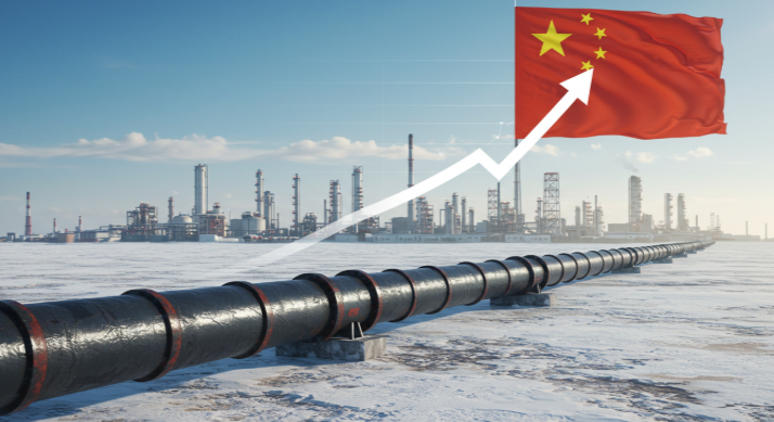 중국 공장들과 정유시설이 배경에 있고, 러시아에서 중국으로 향하는 원유 파이프라인이 굵어지는 모습, 중국 국기와 함께 상승하는 그래프