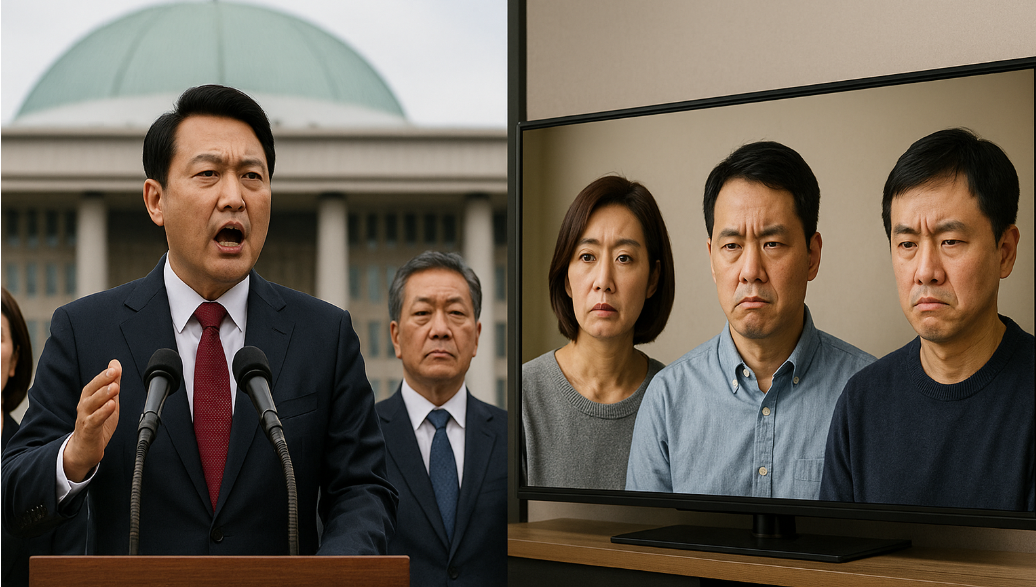 정치인들의 발언을 지켜보는 실망한 표정의 국민들