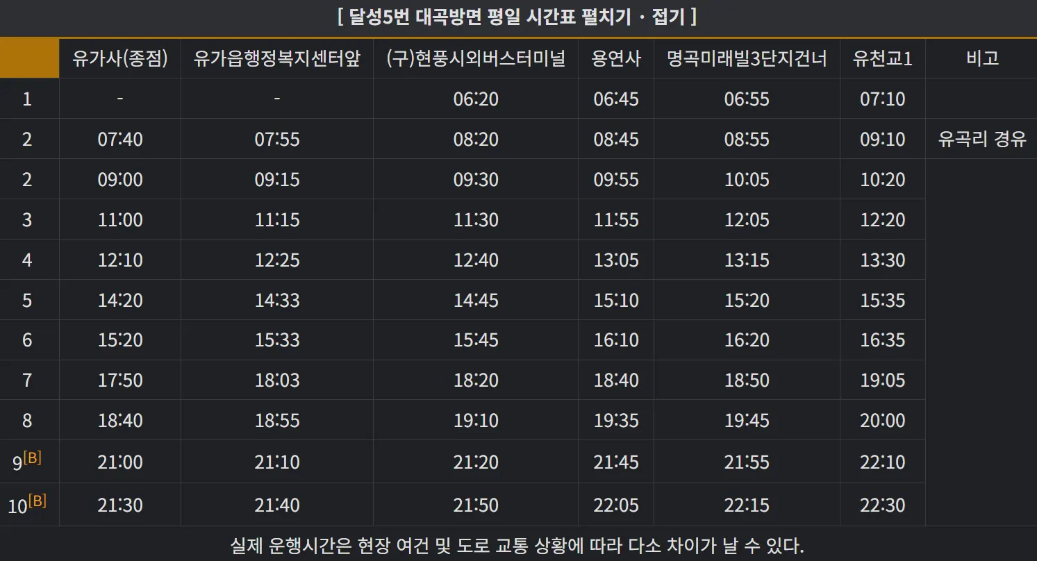 달성 5번 버스 평일 대곡행
