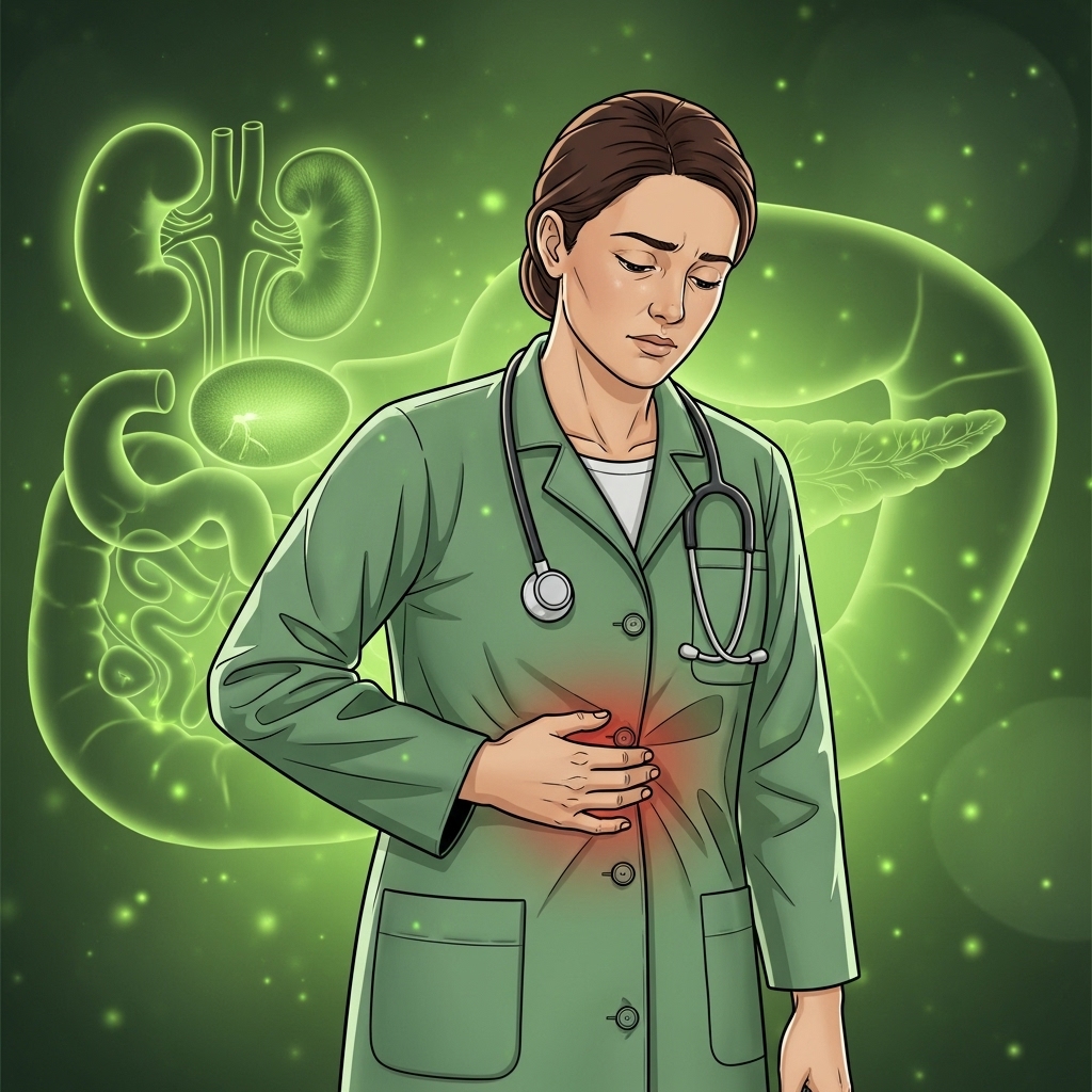 왼쪽 옆구리를 잡고 있는 사람의 모습과 희미하게 빛나는 내부 장기들. 옆구리 통증의 원인을 탐색하는 이미지를 시각적으로 표현.