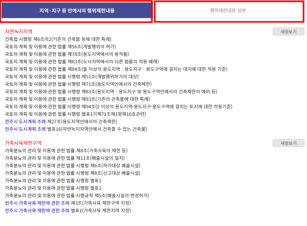 토지에 대한 행위제한 내용