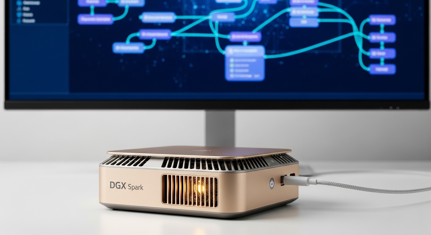 책상 위에 놓인 황금색 NVIDIA DGX Spark와 AI 모델이 보이는 모니터. 작은 크기에 담긴 강력한 성능을 보여줍니다.