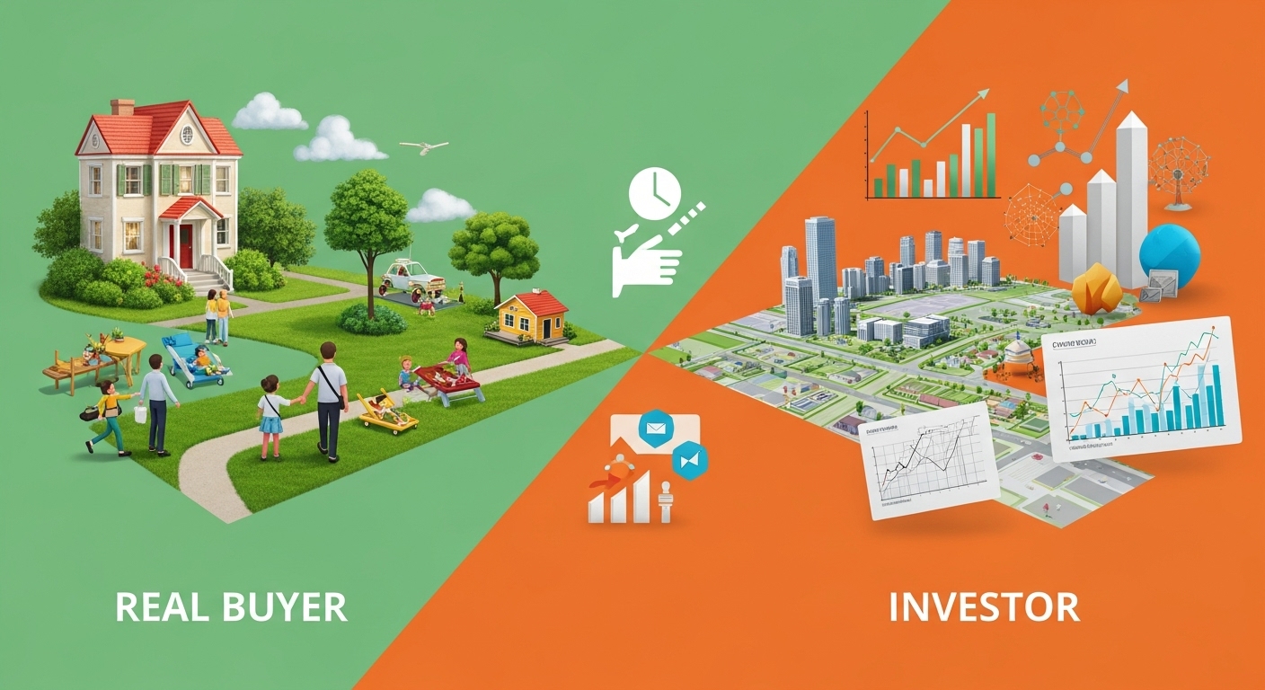 실수요자와 투자자의 상반된 관점을 시각화한 이미지. 실수요는 주거 안정, 투자는 미래 가치에 초점을 맞춤.