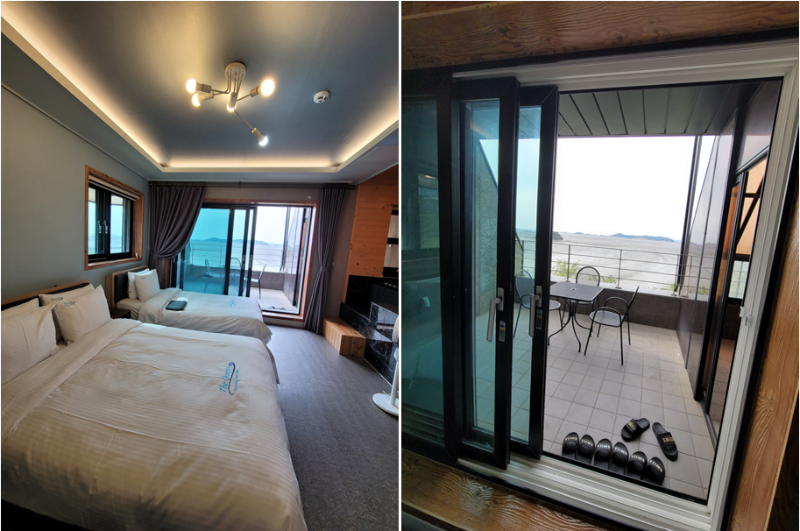 제부도 더오션 풀빌라 A101 룸 침대와 테라스