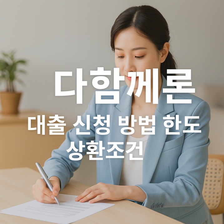 다함께론 대출 신청서를 작성하는 젊은 여성의 모습, 신뢰감 있는 분위기의 실내에서 대출 정보를 확인하는 장면