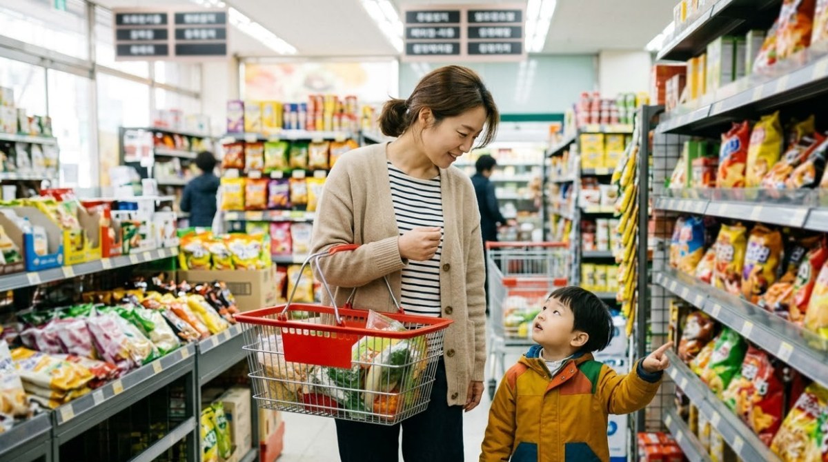 마트에서 아이와 장을 보는 엄마