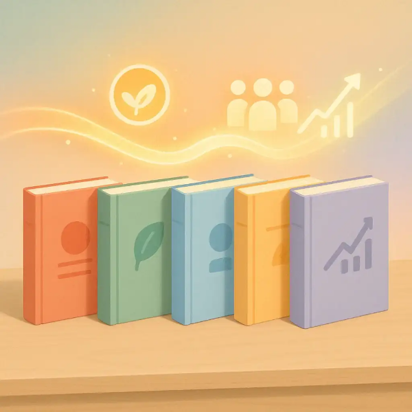 다섯 권의 다채로운 책이 책상 위에 일렬로 놓여 있고, 그 위로 성장을 상징하는 아이콘들이 떠 있는 밝고 따뜻한 일러스트