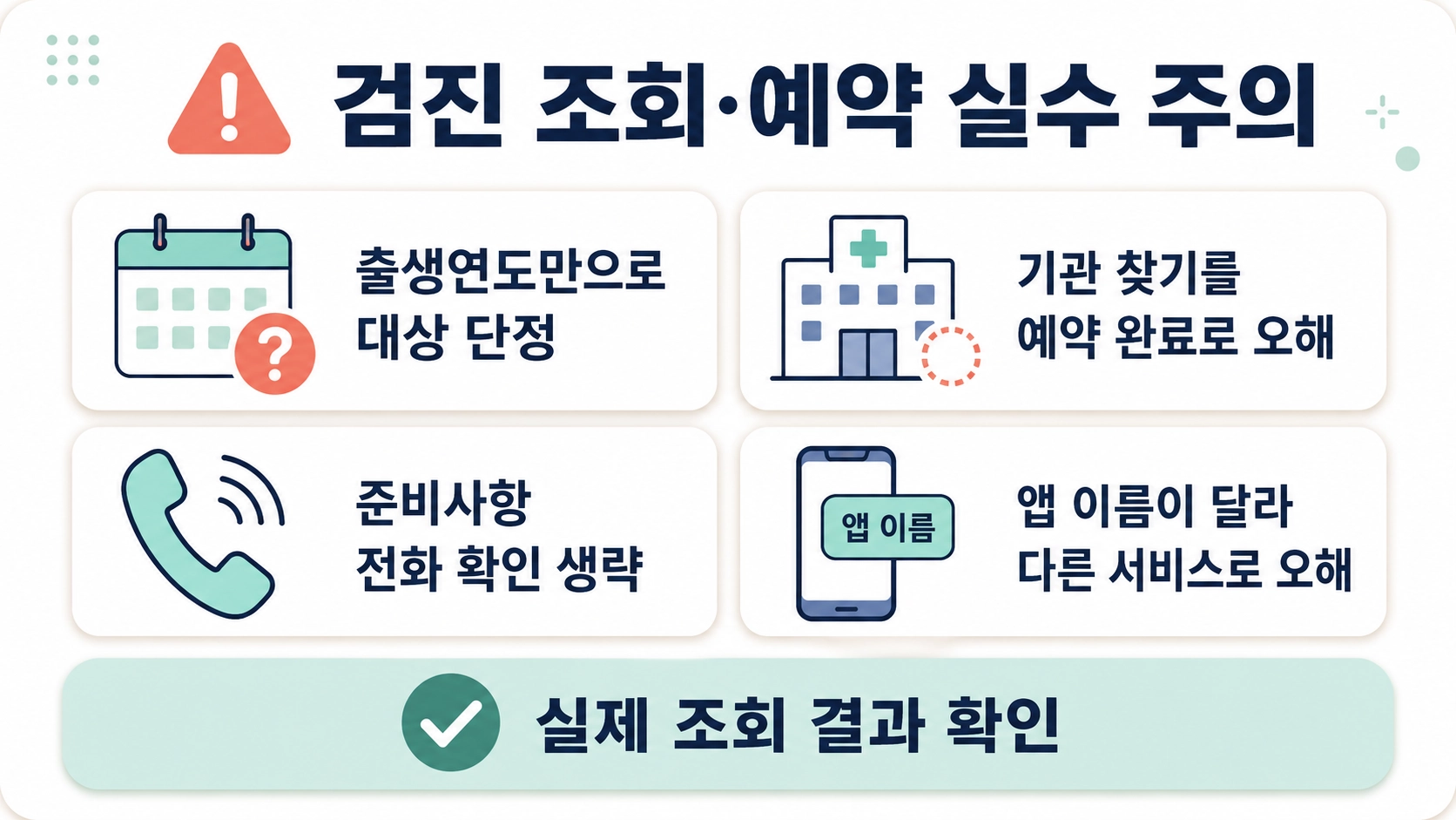 출생연도만으로 대상 단정과 예약 완료 오해 등 검진 조회 과정의 실수를 정리한 주의 카드