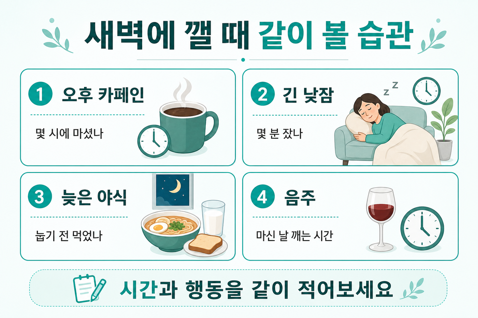 새벽에 자주 깨는 사람을 위한 카페인 낮잠 야식 음주 습관 카드