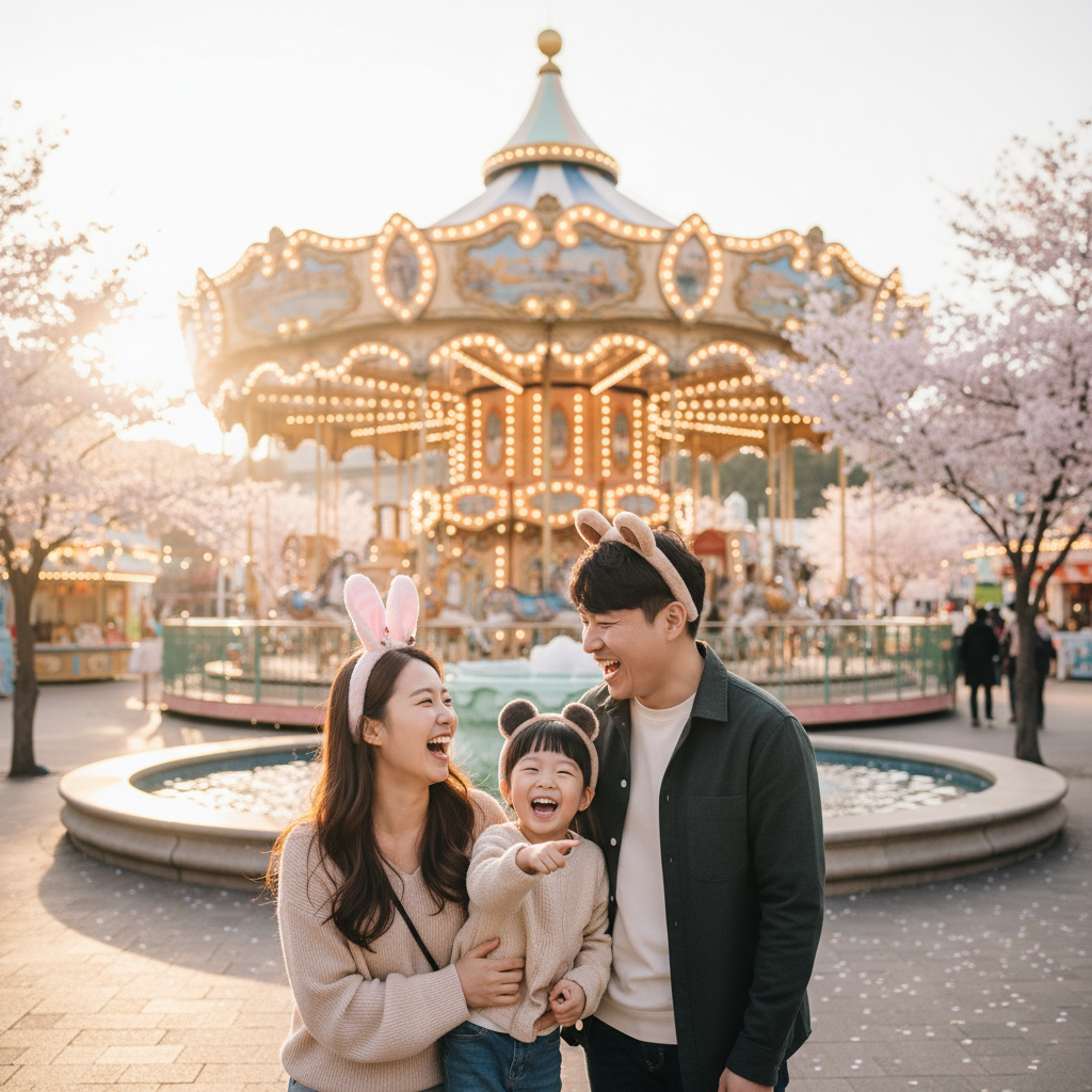 화려한 회전목마를 배경으로 동물 머리띠를 쓰고 환하게 웃고 있는 다정한 한국인 가족