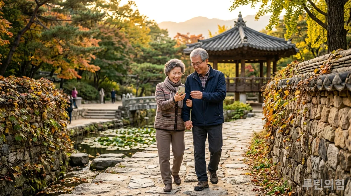 한국 노부부가 공원에서 걷기 앱을 보며 함께 산책하는 모습