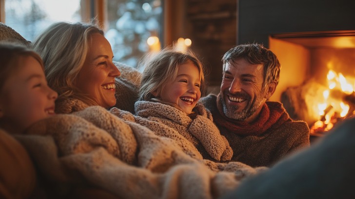 겨울철 필수 가전 제품이 있는 아늑한 집안에서 가족이 함께 있는 모습