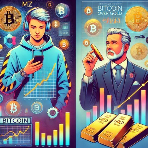 MZ 투자자는 스마트폰으로 비트코인을 분석하며 디지털 세계와 연결되고, 전통적인 투자자는 금을 신중하게 바라보는 대조적인 모습이 표현된 그림