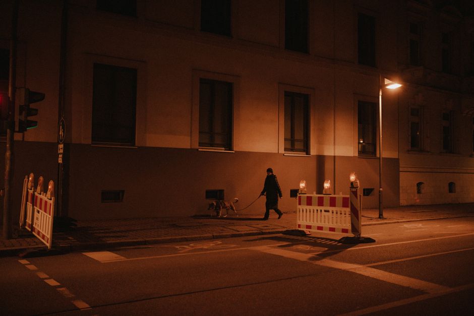 A person walking their dog on a quiet street at night under streetlights.