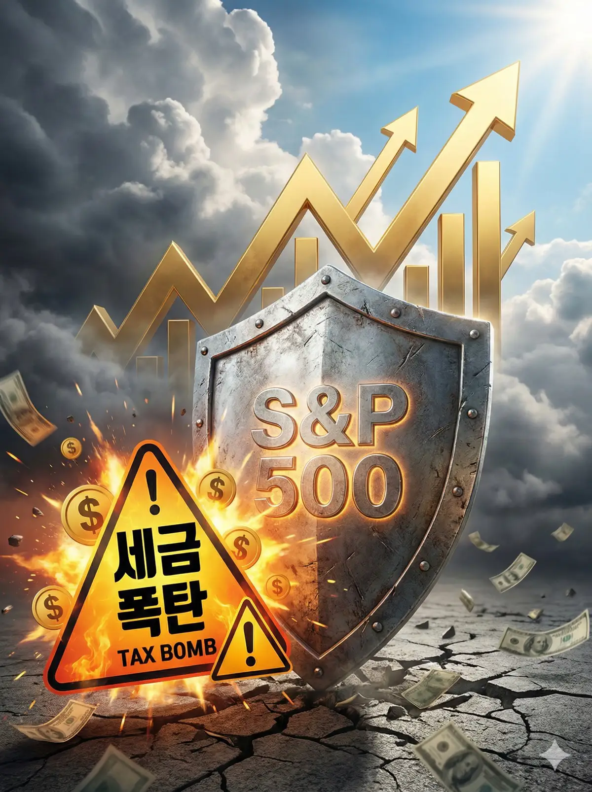 S&P 500 로고가 박힌 방패 그 뒤로 우상향하는 그래프, 그리고 '세금 폭탄' 경고 아이콘이 대비되는 이미지