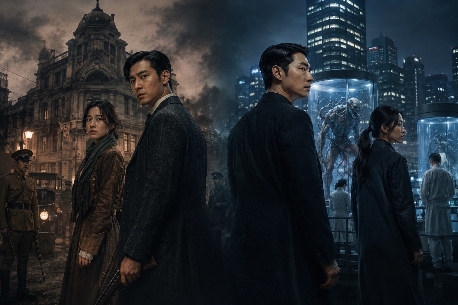 1945년 경성과 현대 서울을 배경으로 인간의 욕망과 크리처의 세계를 표현한 어두운 분위기의 이미지