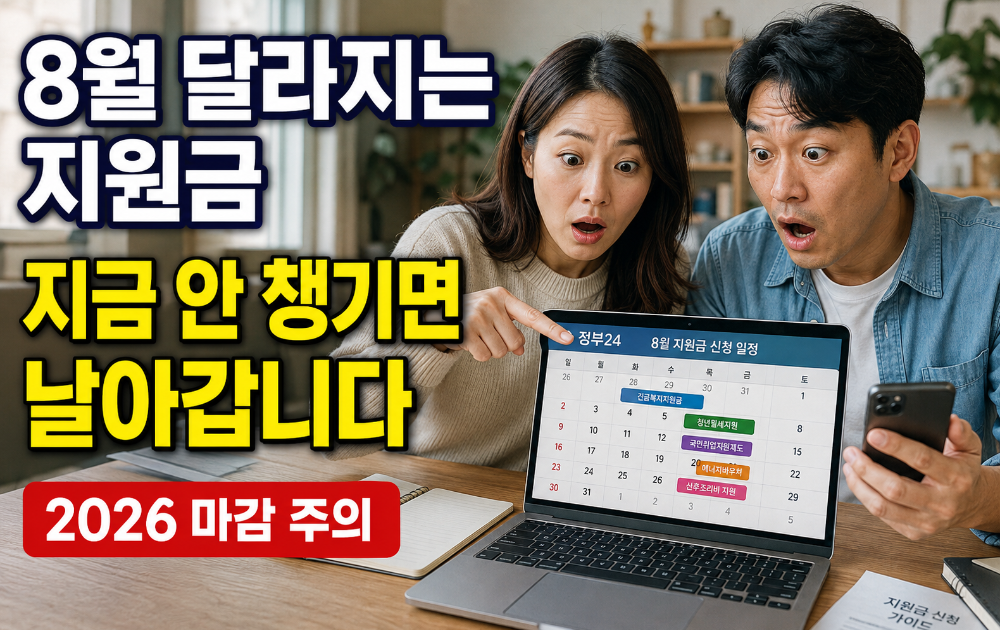 alt="2026년 8월 달라지는 정부지원금 총정리 캘린더를 보며 놀란 표정의 직장인 부부"