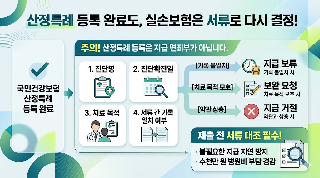 산정특례 등록 후에도 실손보험은 서류 기록으로 결정된다는 핵심 요약 인포그래픽
