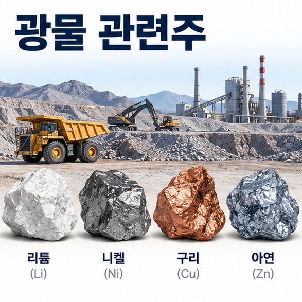 광물 관련주 문구와 리튬 니켈 구리 아연 광석을 상징하는 아이콘을 배치한 대표 인포그래픽