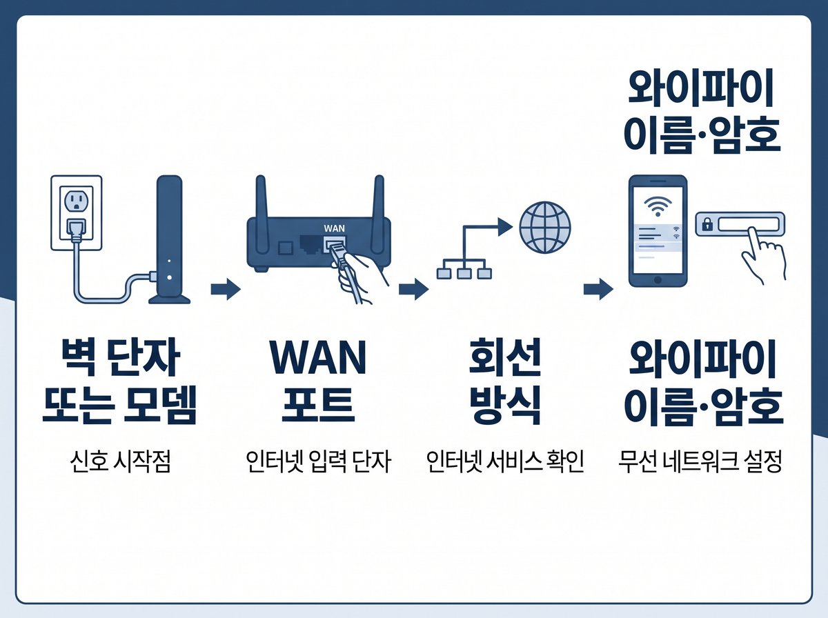 벽 단자 또는 모뎀 → WAN 포트 → 회선 방식 → 와이파이 이름·암호