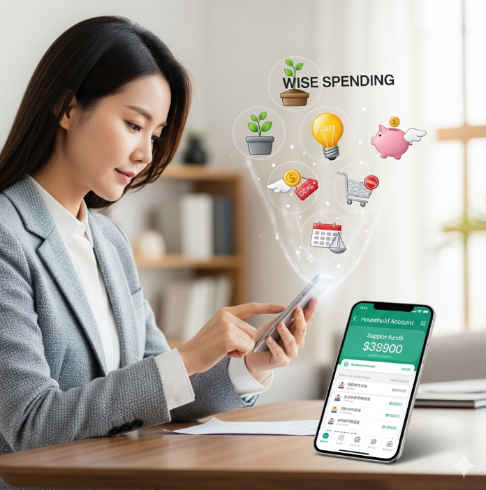한 여성이 스마트폰으로 가계부 앱을 보며 지원금을 어떻게 사용할지 계획하고 있다. 다양한 아이콘들이 머리 위로 떠오르며 지혜로운 소비를 상징한다.