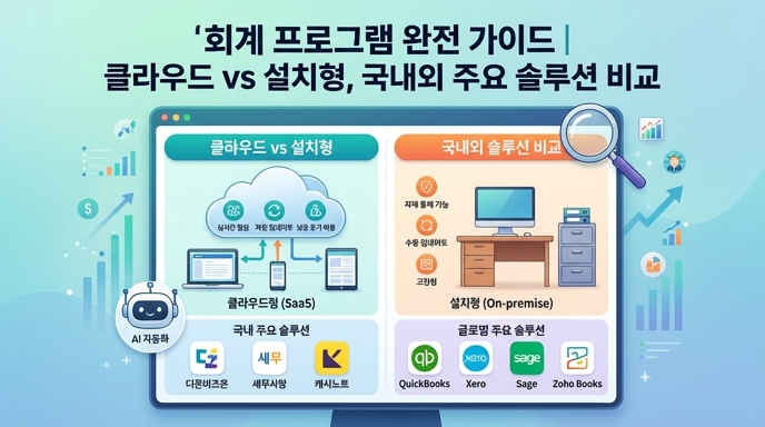 클라우드형 대 설치형 회계 프로그램을 비교하고, 국내 주요 솔루션과 글로벌 주요 솔루션을 각각 보여주는 모던한 디지털 일러스트레이션